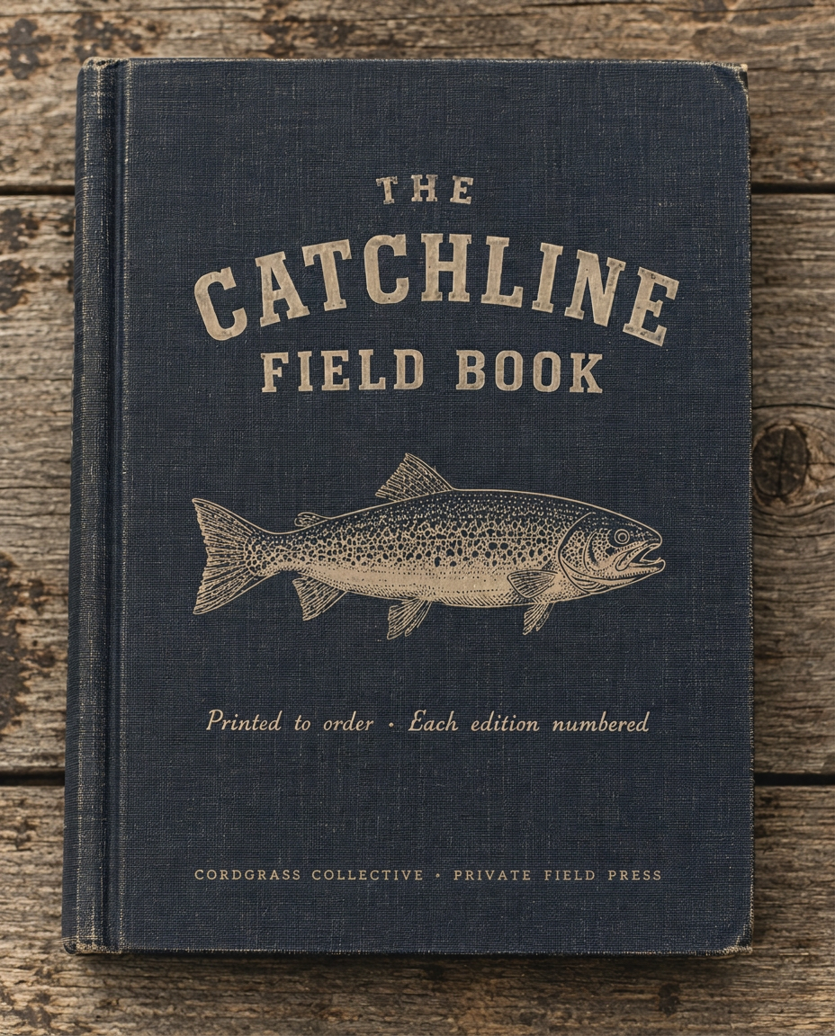 The Catchline Field Book in indigo linen with an engraved fish and Cordgrass Collective imprint
