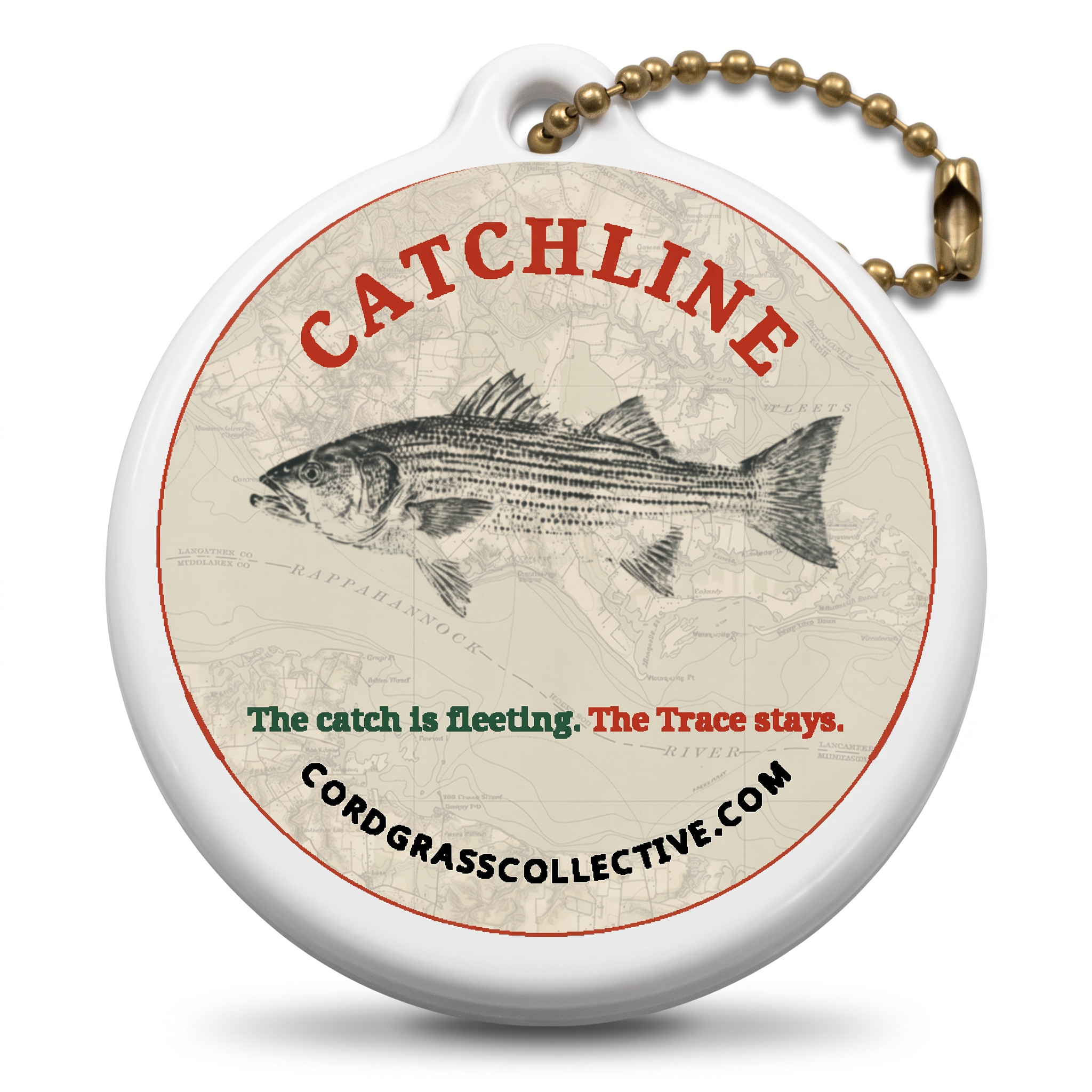 White round floating keychain with Catchline Home Waters artwork and a ball chain