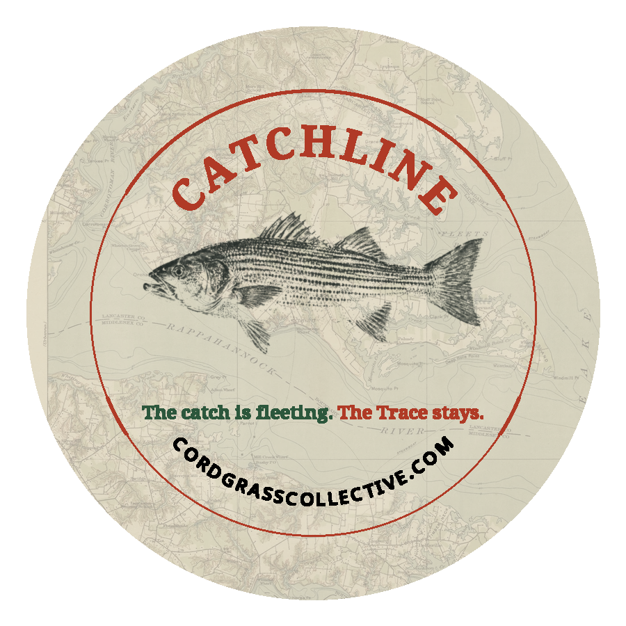Round Catchline Home Waters sticker with chart, striped bass, vermillion ring and black web address