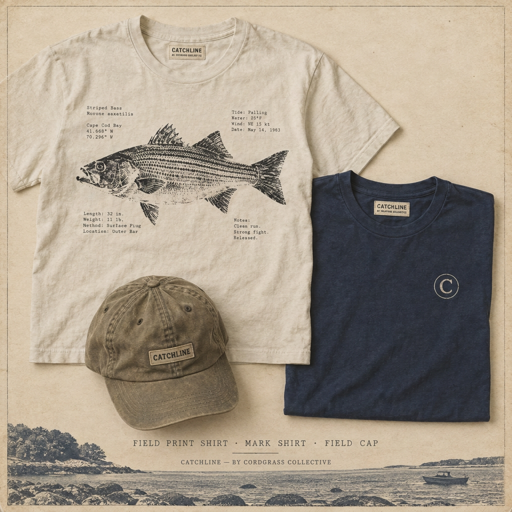 Catchline white fish-print shirt, navy C-mark shirt, and khaki field cap