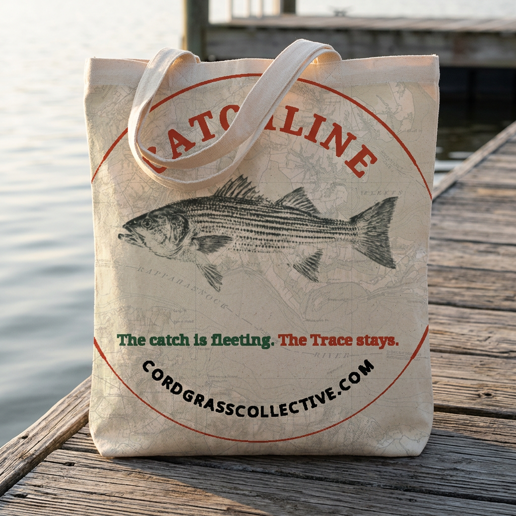 Natural canvas handled tote bag with a large round Catchline Home Waters print